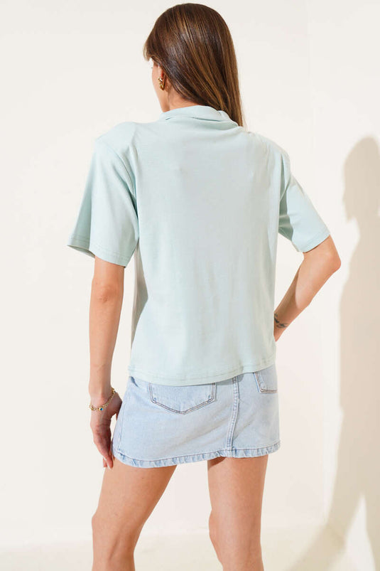 T-shirt met gewatteerde schouders en ritssluiting, aquagroen