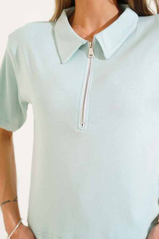 T-shirt met gewatteerde schouders en ritssluiting, aquagroen