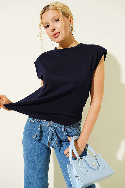 Omuz Vatkalı Loyşa T-shirt Lacivert