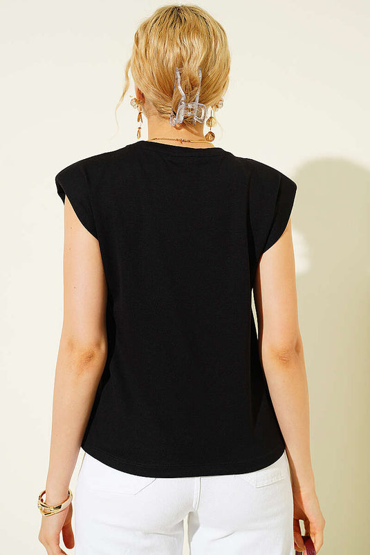 Omuz Vatkalı Loyşa T-shirt Siyah