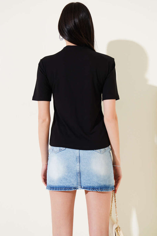 Shoulder Padded Half Zipper T-shirt Black