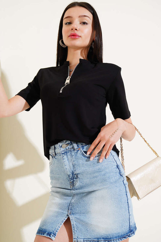 Shoulder Padded Half Zipper T-shirt Black