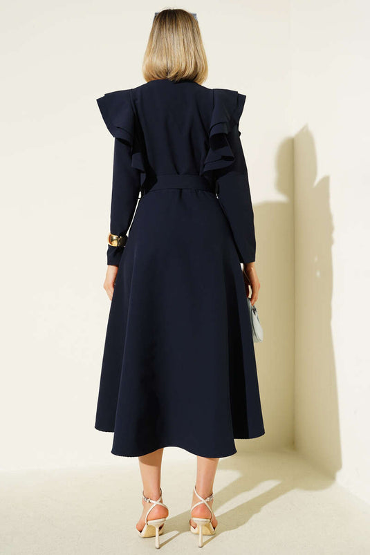 Omuz Volanlı Kemerli Elbise Lacivert