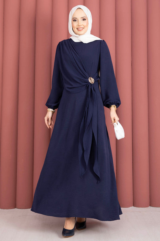 Shoulder-Allergic Side-Tied Modest Dress Navy Blue