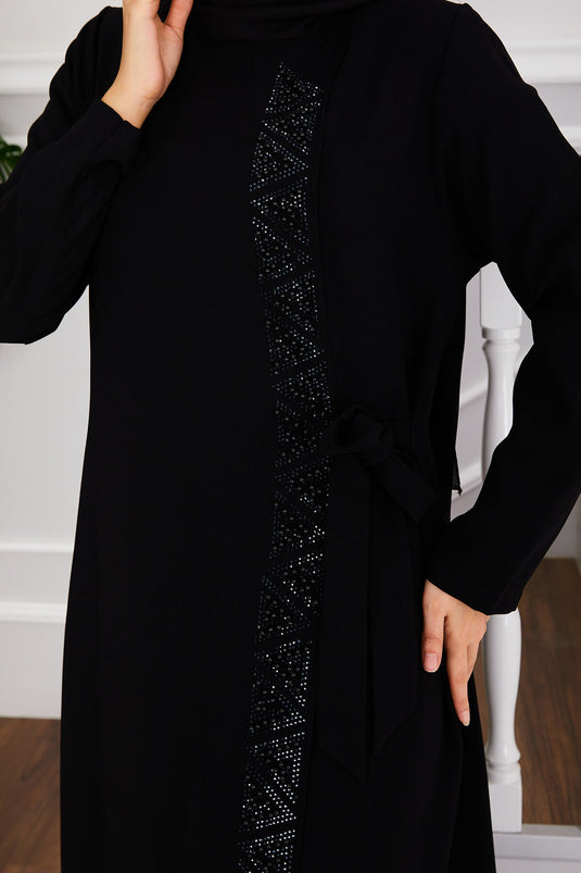 Shoulder Buttoned Stone Detailed Hijab Abaya Black