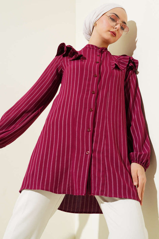 Burgundy Ruffled Shoulder Striped Tunic