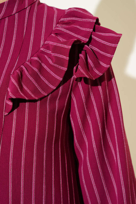 Burgundy Ruffled Shoulder Striped Tunic