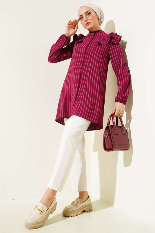 Burgundy Ruffled Shoulder Striped Tunic