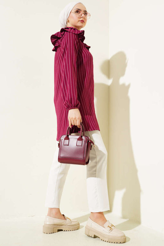 Burgundy Ruffled Shoulder Striped Tunic