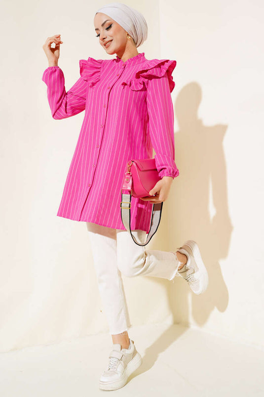 Ruffled Shoulder Striped Tunic Fuchsia