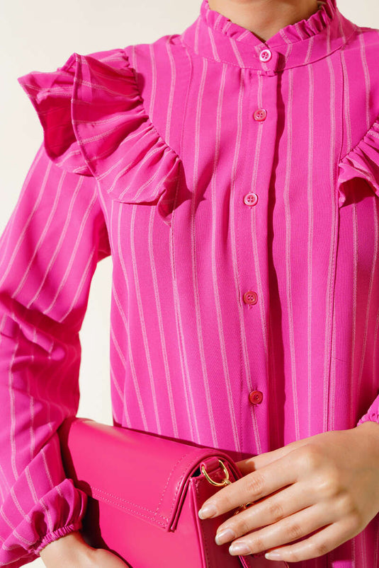 Ruffled Shoulder Striped Tunic Fuchsia