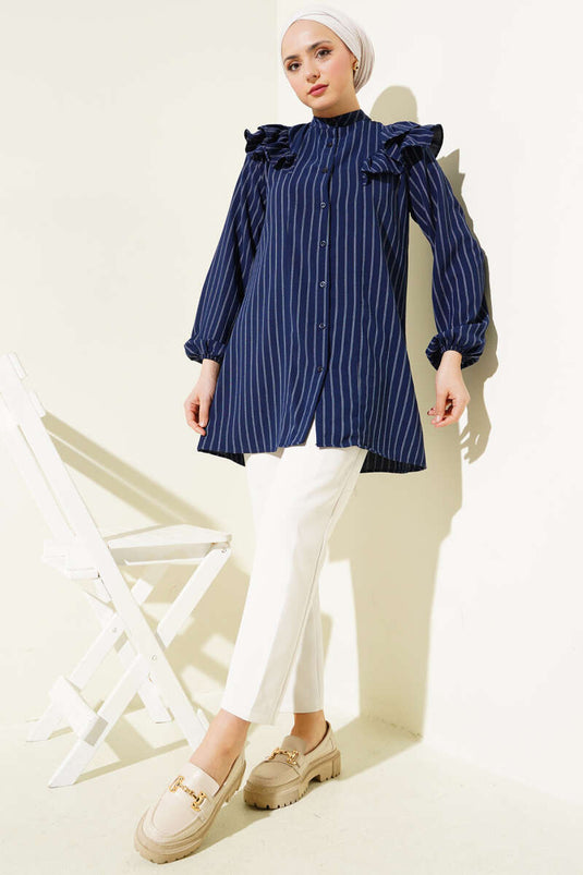 Ruffled Shoulder Striped Tunic Navy Blue