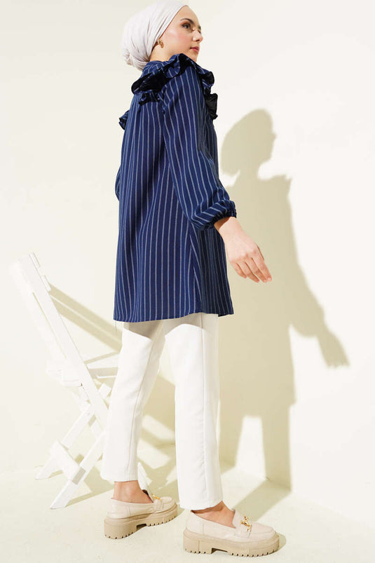 Ruffled Shoulder Striped Tunic Navy Blue