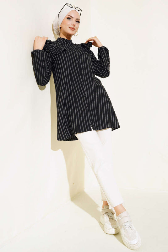 Ruffled Shoulder Striped Tunic Black