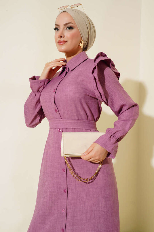 Omuzları Fırfırlı Keten Elbise Gül Kurusu