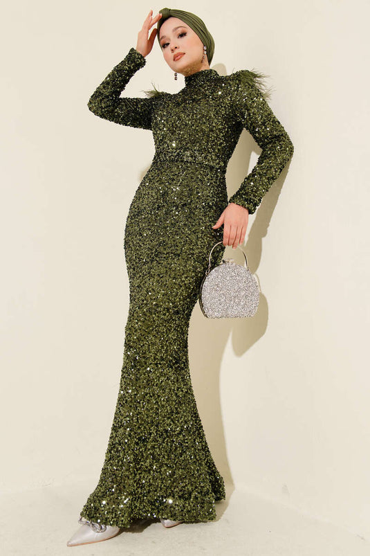 Haki Feathered Shoulder Sequin Evening Dress