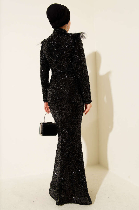 Black Sequined Evening Dress with Feathered Shoulders and Black