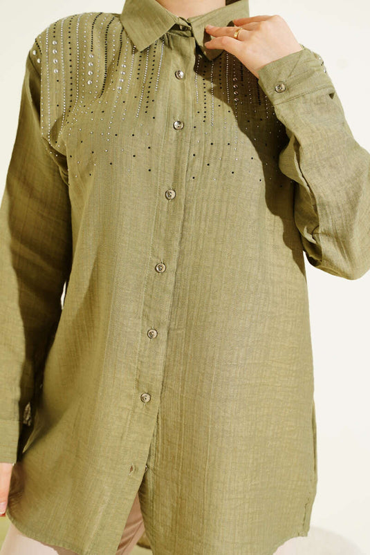 Shoulder Stone-Embellished Shirt in Pistachio Green