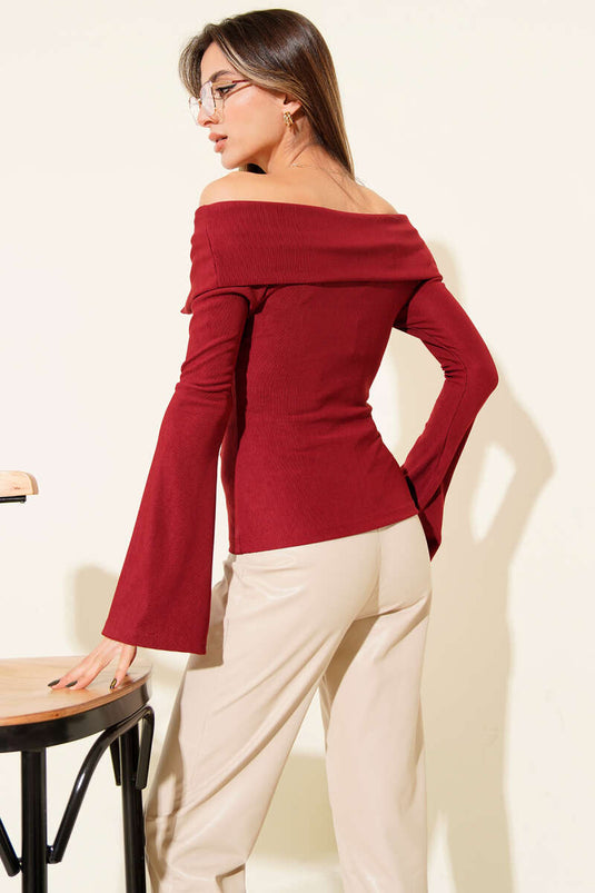 Chemisier à épaules dénudées et fermeture éclair, bordeaux.