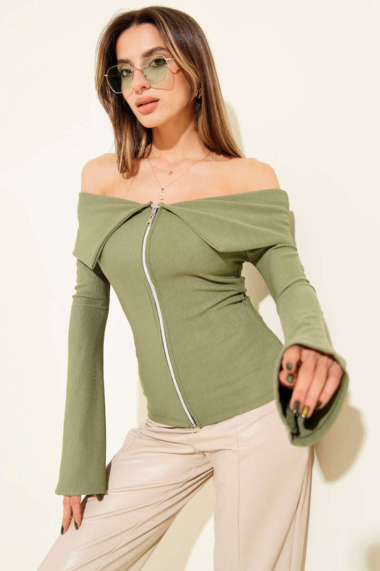 Chemisier à épaules dénudées et fermeture éclair, vert clair.