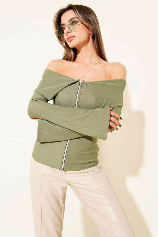 Chemisier à épaules dénudées et fermeture éclair, vert clair.