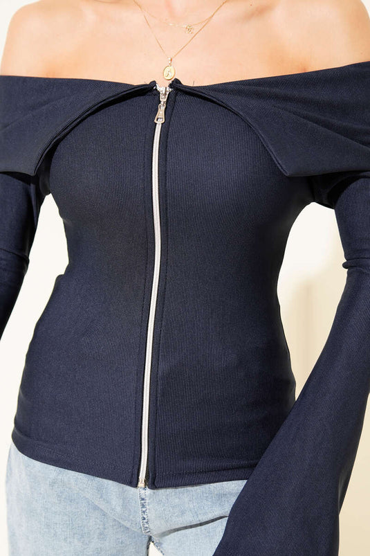 Off-shoulder zip-up blouse, navy blue.