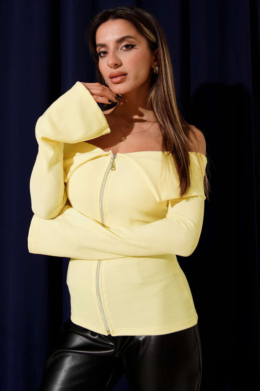 Chemisier jaune à épaules dénudées et fermeture éclair
