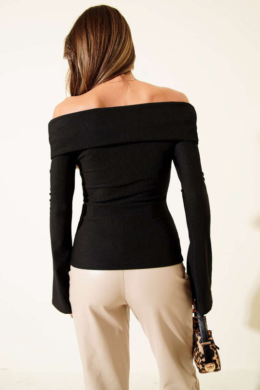 Off-Shoulder Zip-Up Blouse, Black