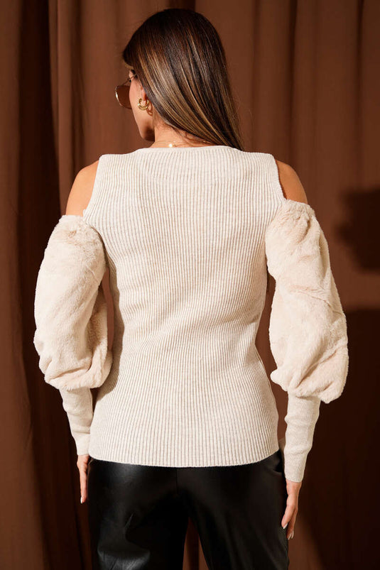 Off-the-shoulder, bearded sweater, beige.