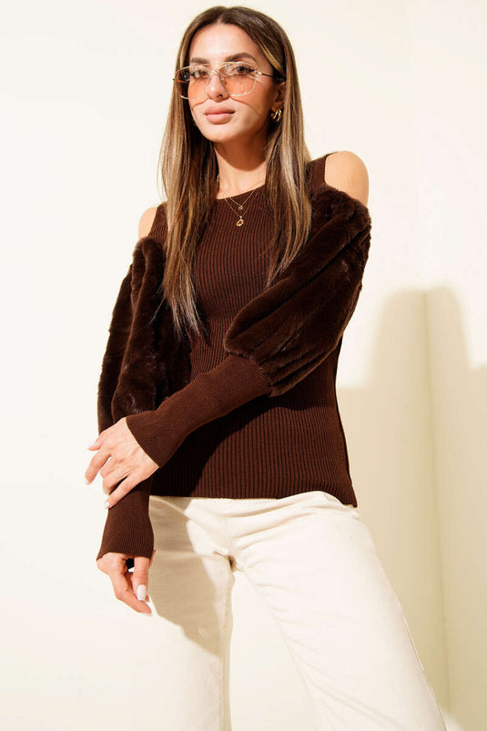 Off-the-shoulder, bearded sweater, coffee color.