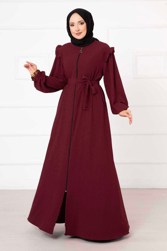 Abaya avec détail volant sur l'épaule Rouge Claret