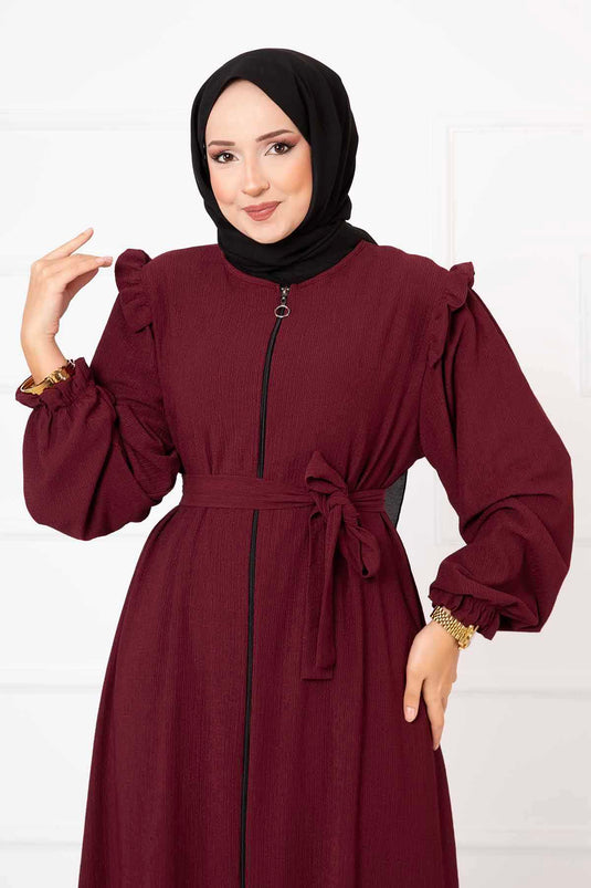 Abaya avec détail volant sur l'épaule Rouge Claret