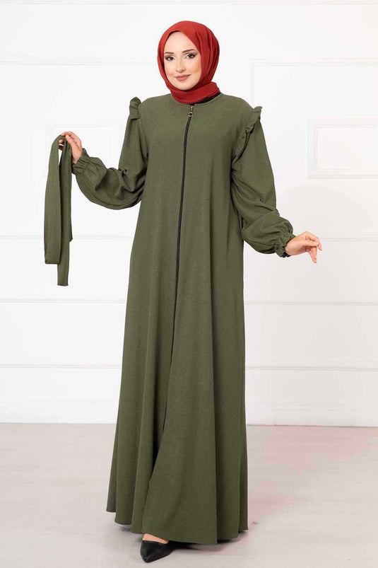 Abaya avec détail volant sur l'épaule Kaki