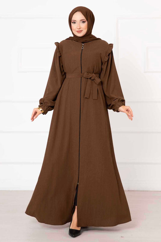 Abaya avec détail volant sur l'épaule marron