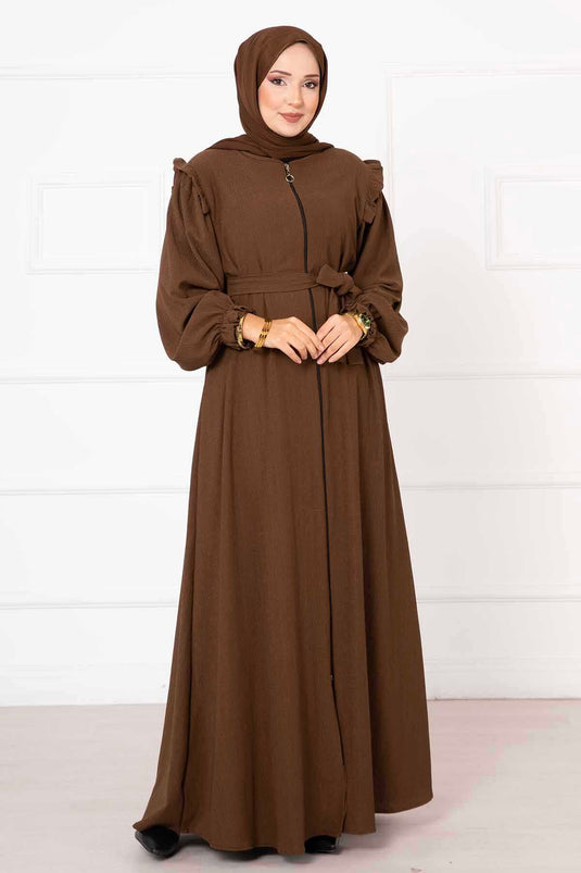 Abaya avec détail volant sur l'épaule marron