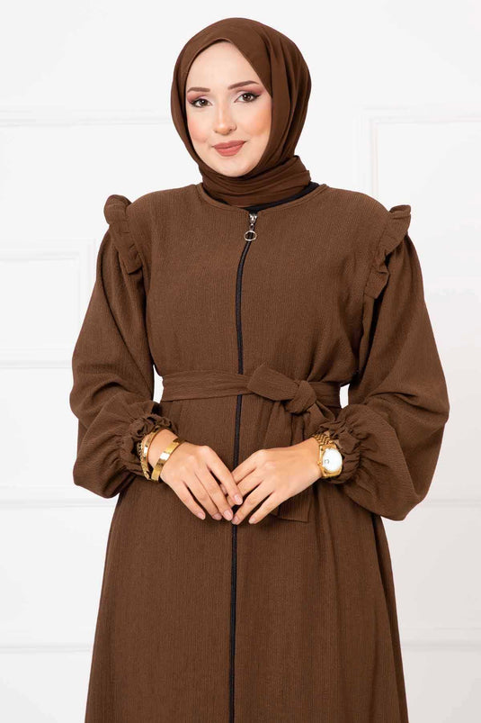 Abaya avec détail volant sur l'épaule marron