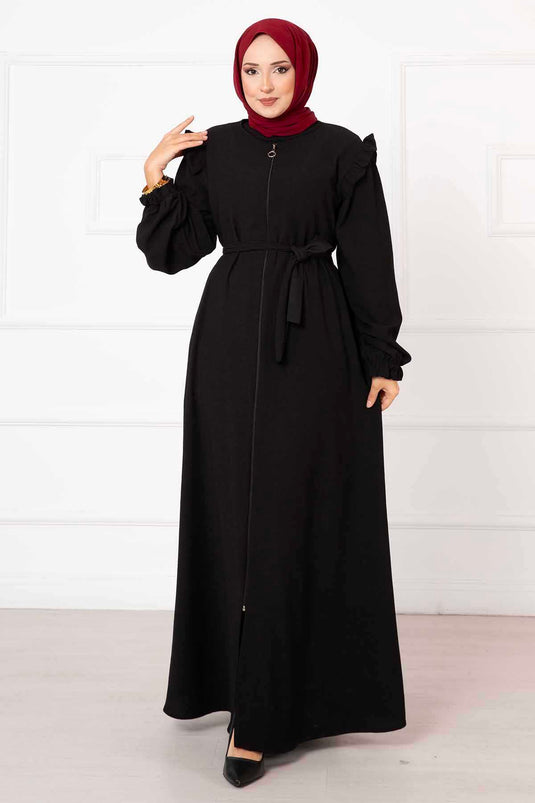 Abaya avec détail volant sur l'épaule noir