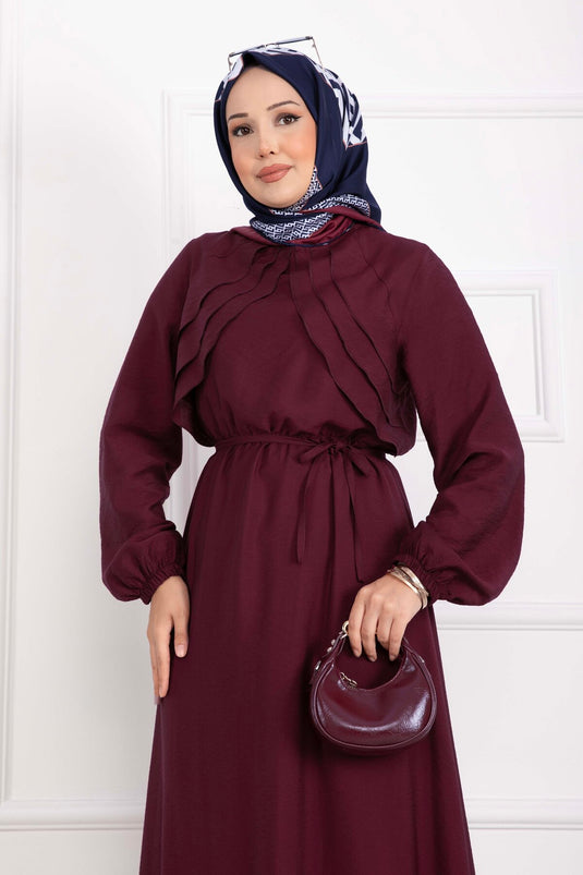 Omzu Fırfır Detaylı Kuşaklı Elbise Bordo