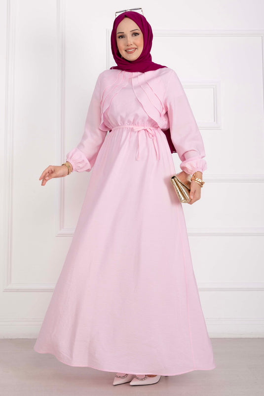Omzu Fırfır Detaylı Kuşaklı Elbise Pembe