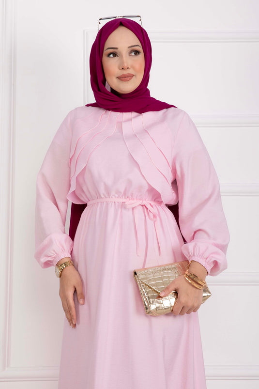 Omzu Fırfır Detaylı Kuşaklı Elbise Pembe