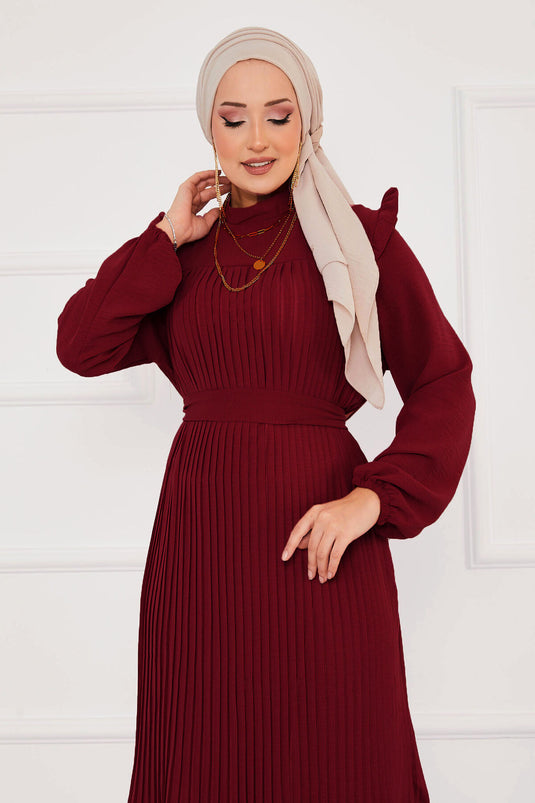 Ruffled Pleated Hijab Dress Burgundy