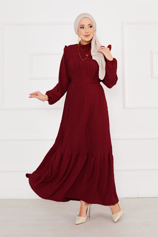 Ruffled Pleated Hijab Dress Burgundy