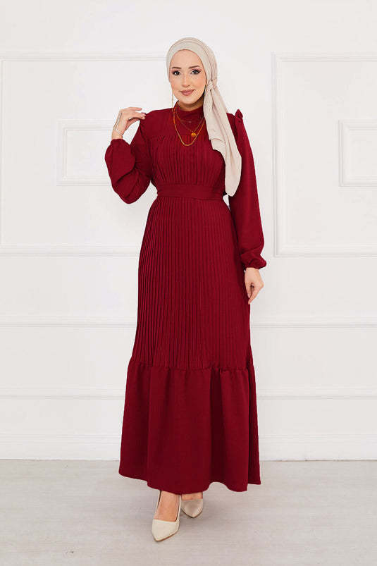 Ruffled Pleated Hijab Dress Burgundy