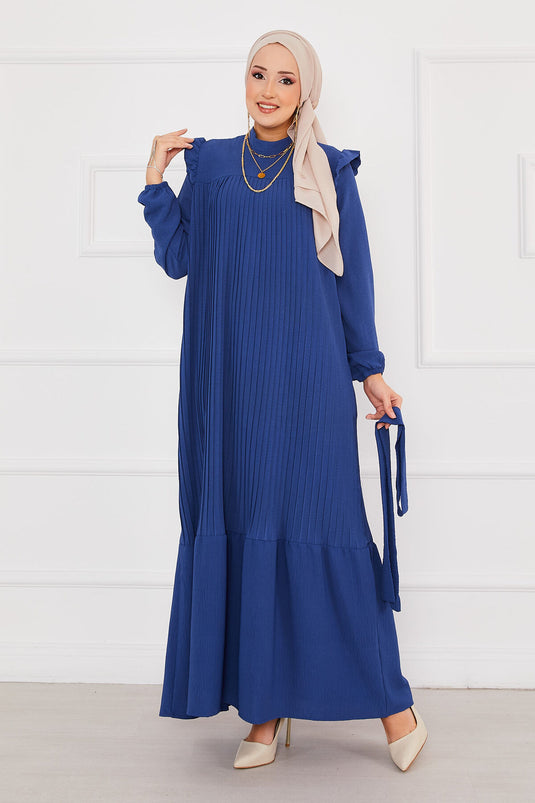 Robe modeste plissée avec épaules volantées Indigo