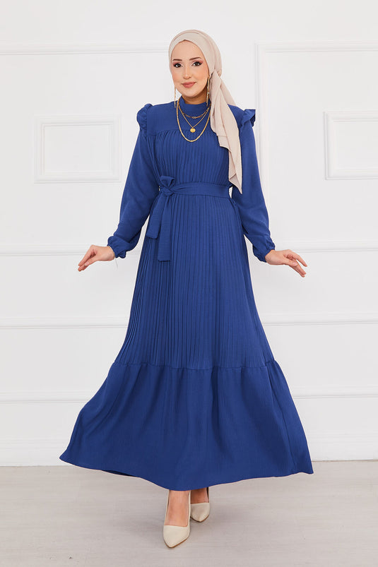 Robe modeste plissée avec épaules volantées Indigo