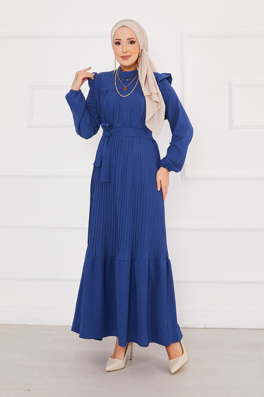 Robe modeste plissée avec épaules volantées Indigo