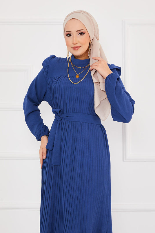 Frilled Pleated Hijab Dress Indigo