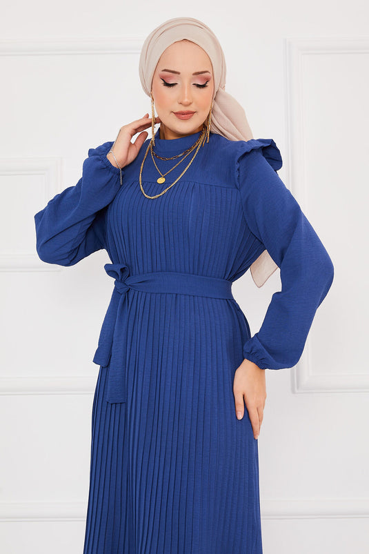 Robe modeste plissée avec épaules volantées Indigo