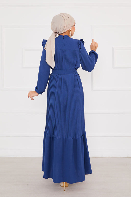 Robe modeste plissée avec épaules volantées Indigo