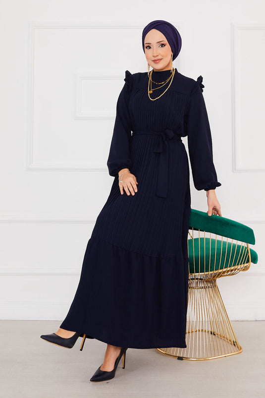 Ruffled Pleated Hijab Dress Navy Blue